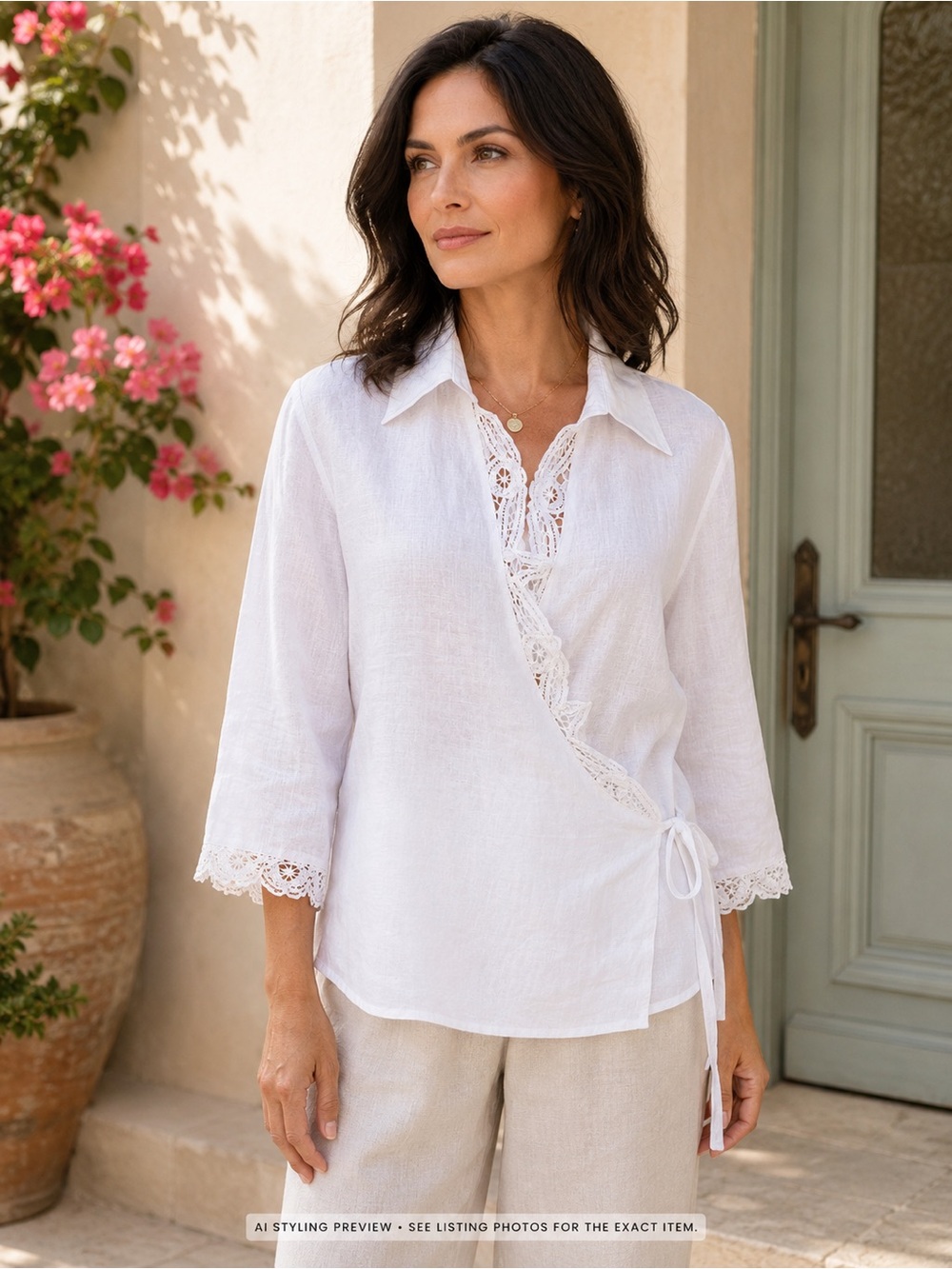 Anne Carson Linen Wrap Blouse White Lace Trim Lined 3/4 sleeve XL Cottagecore
